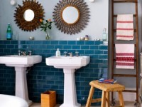 8-bathroom-tile-ideas-eclectic-bathroom-with-teal-brick-tiles1 Charming and I'm totally borrowing the ladder idea!